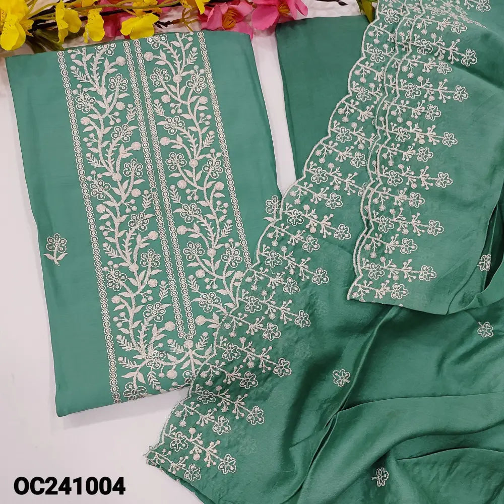 CODE OC241004: Pastel blue soft silk cotton unstitched salwar material embroidered& sequins work on yoke& front(lining