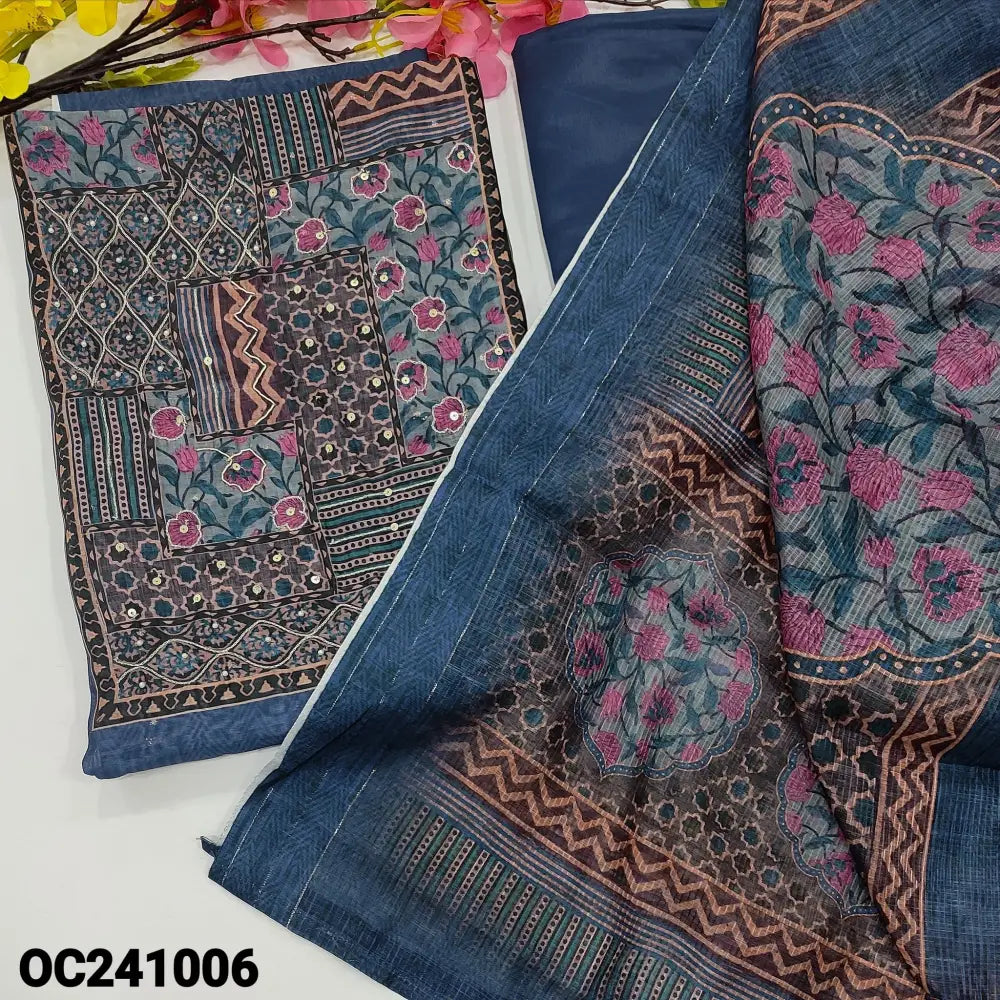 CODE OC241006: Dark blue digital sobar printed silk cotton unstitched salwar material abstract printed yoke with zari&