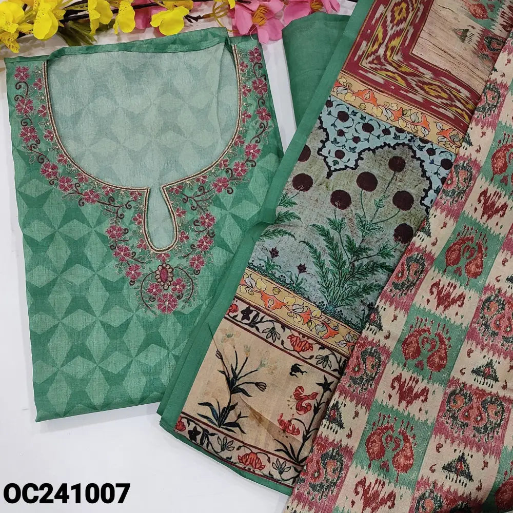CODE OC241007: Pastel green printed semi tussar unstitched salwar material thread& zari work on yoke(thin fabric lining