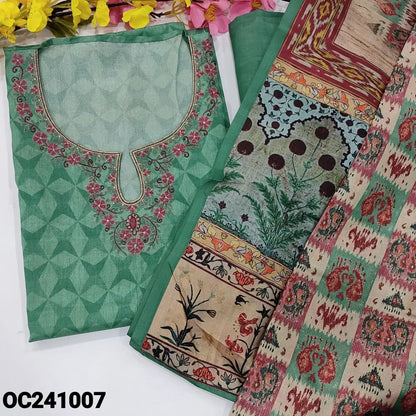 CODE OC241007: Pastel green printed semi tussar unstitched salwar material thread& zari work on yoke(thin fabric lining