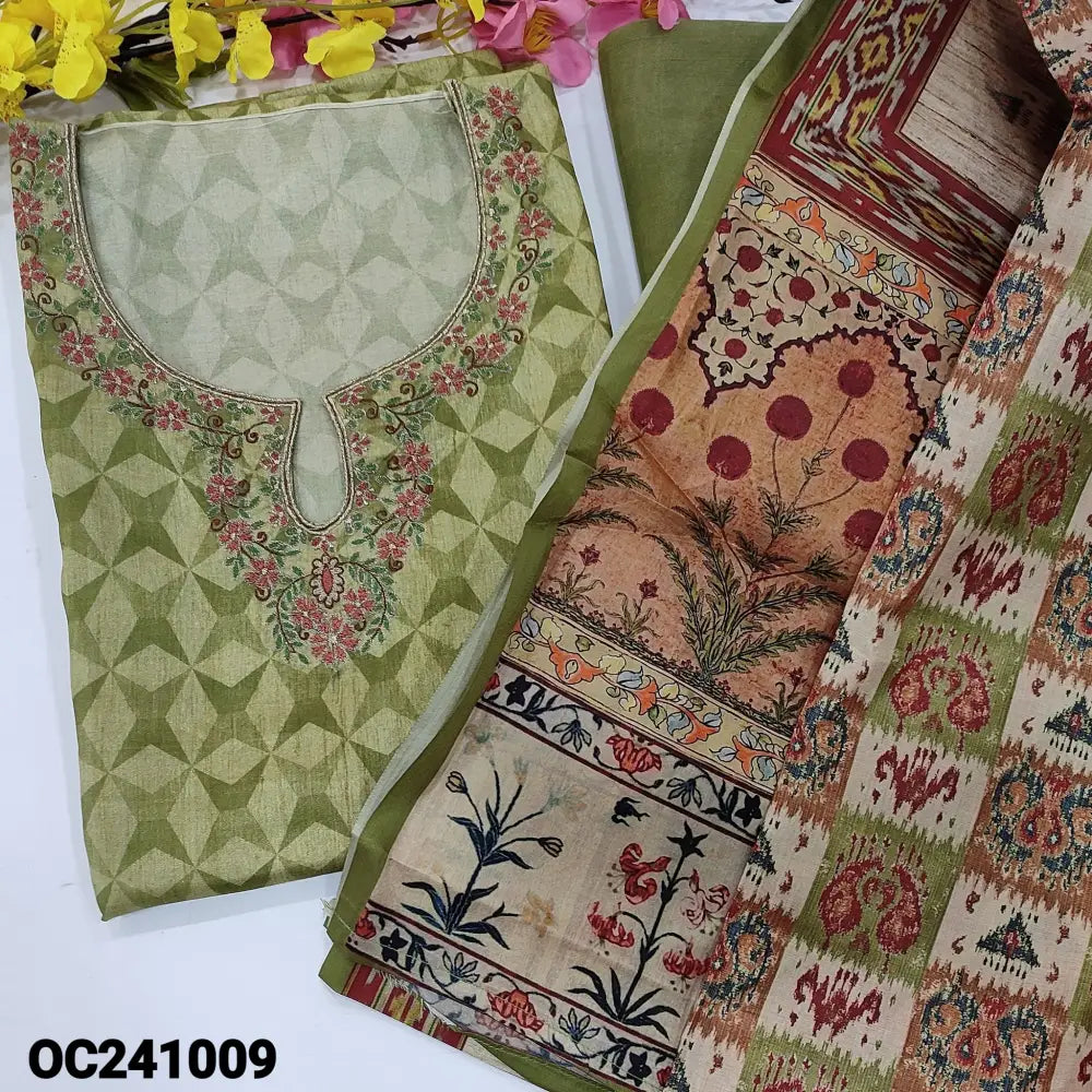 CODE OC241009: Light mossy green printed semi tussar unstitched salwar material thread& zari work on yoke(thin fabric