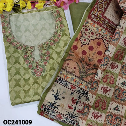 CODE OC241009: Light mossy green printed semi tussar unstitched salwar material thread& zari work on yoke(thin fabric