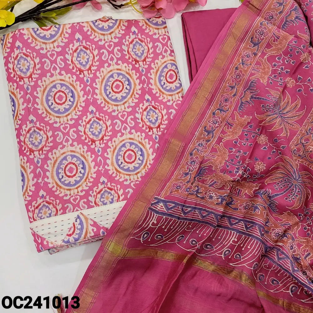 CODE OC241013: Pink base digital printed fancy soft silk cotton unstitched salwar material(lining needed)applique work