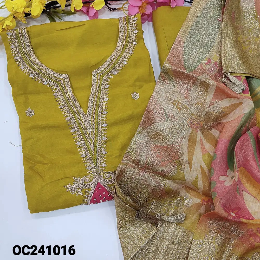 CODE OC241016: Bright mehandhi yellow pure dola silk unstitched salwar material rich work on yoke &front(shiny fabric