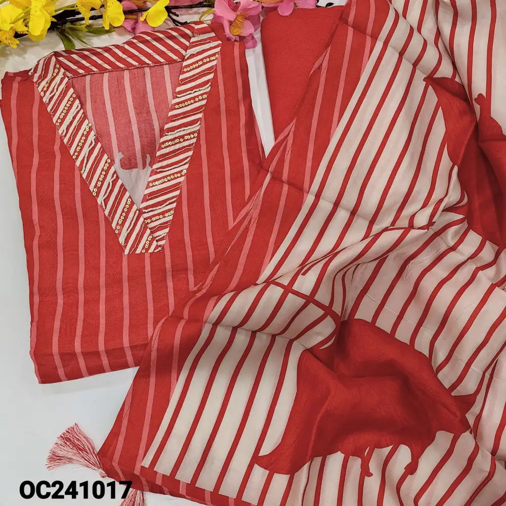 CODE OC241017: Red vertical digital printed russian silk unstitched salwar material collared v neck with bead& sequins