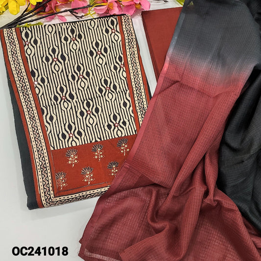 CODE OC241018: Black premium slub cotton unstitched salwar material ajrak block printed yoke(lining optional)maroon