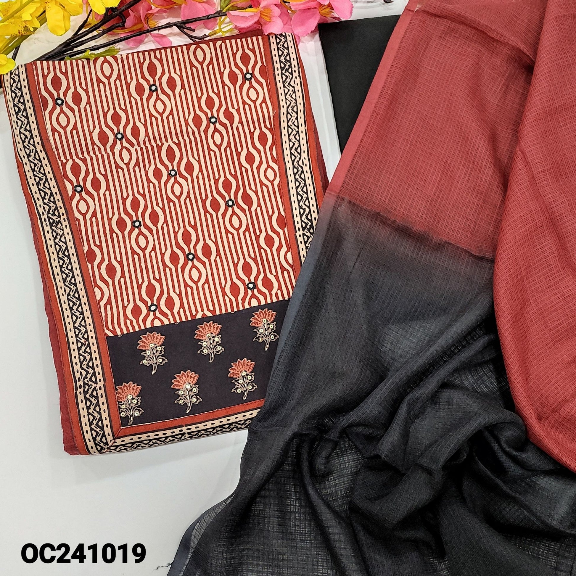 CODE OC241019: Maroon premium slub cotton unstitched salwar material ajrak block printed yoke(lining optional)black