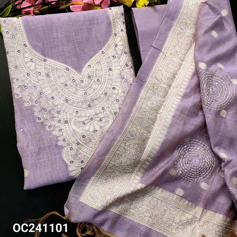 CODE OC241101: Light purple jamdani woven premium silk cotton unstitched salwar material faux mirror work