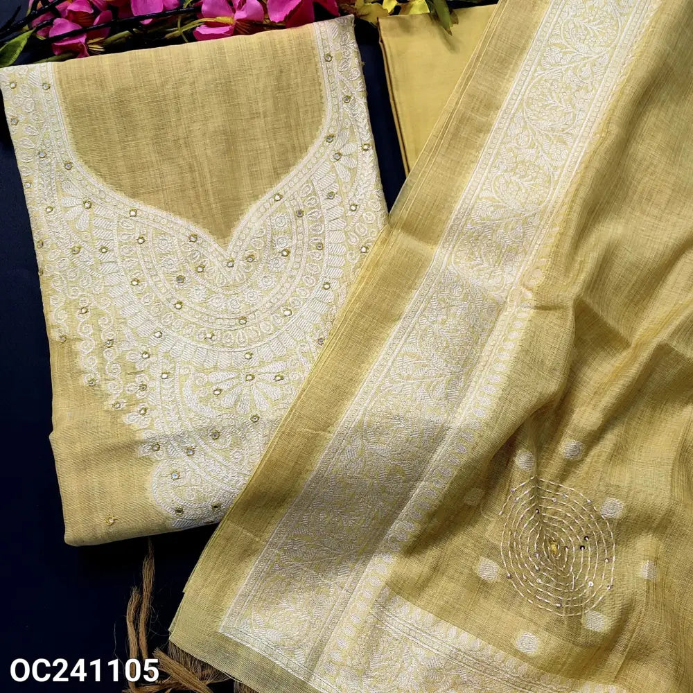 CODE OC241105: Pastel yellow jamdani woven premium silk cotton unstitched salwar material faux mirror work on yoke(thin