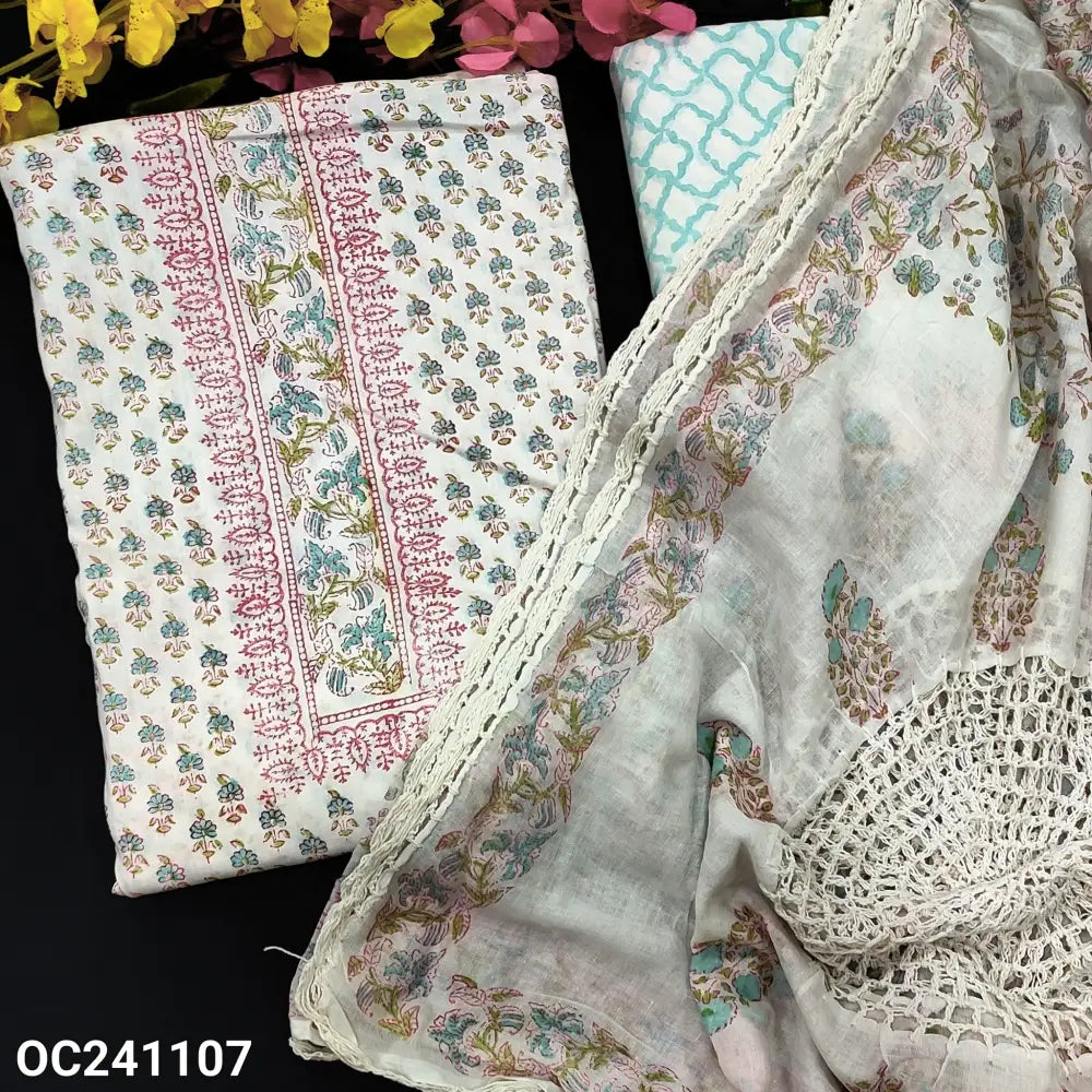 CODE OC241107: Half white base BLUE block printed pure soft cotton unstitched salwar material(thin fabric lining