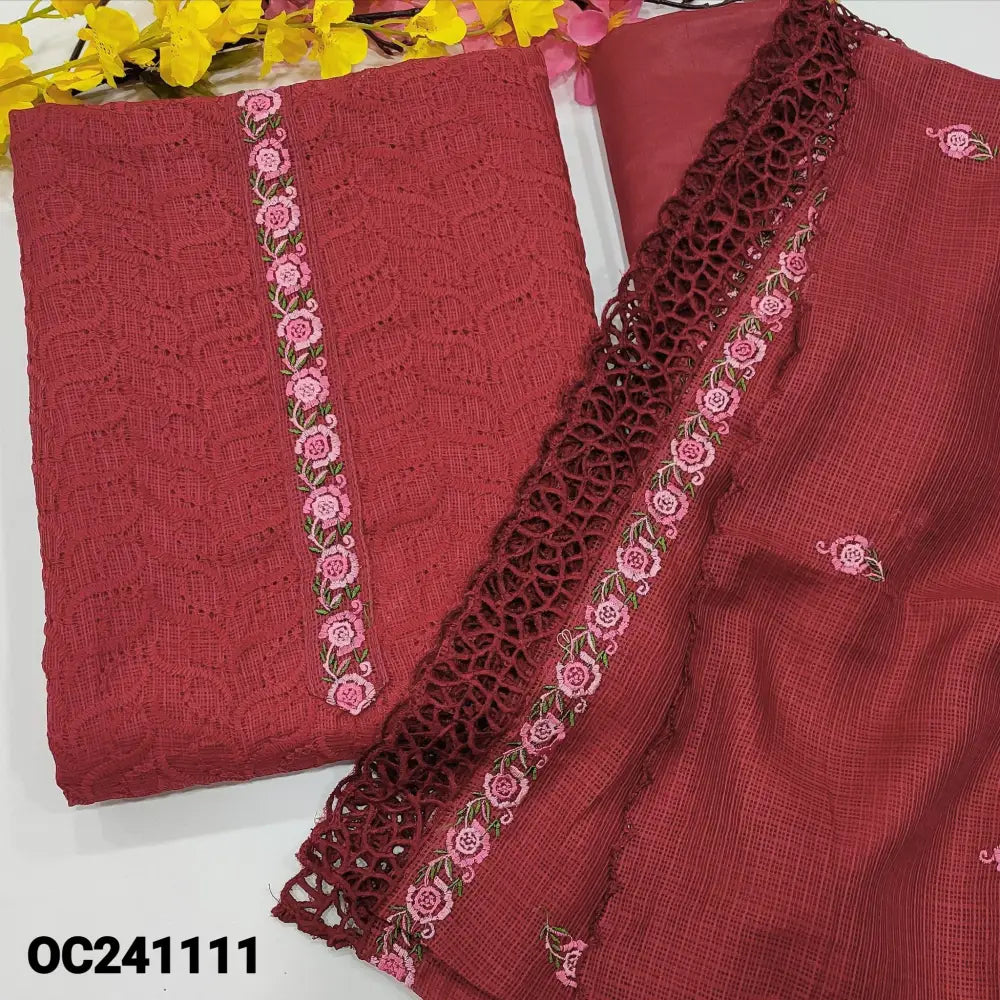 CODE OC241111: Dark pink heavy embroidered fancy kota unstitched salwar material embroidered on yoke(netted fabric
