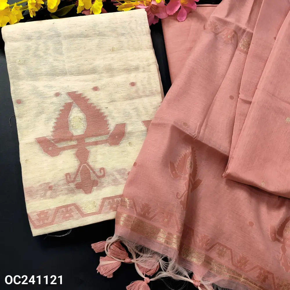CODE OC241121: Beige jamdani woven slub silk cotton unstitched salwar material(thin fabric lining needed)pink drum dyed