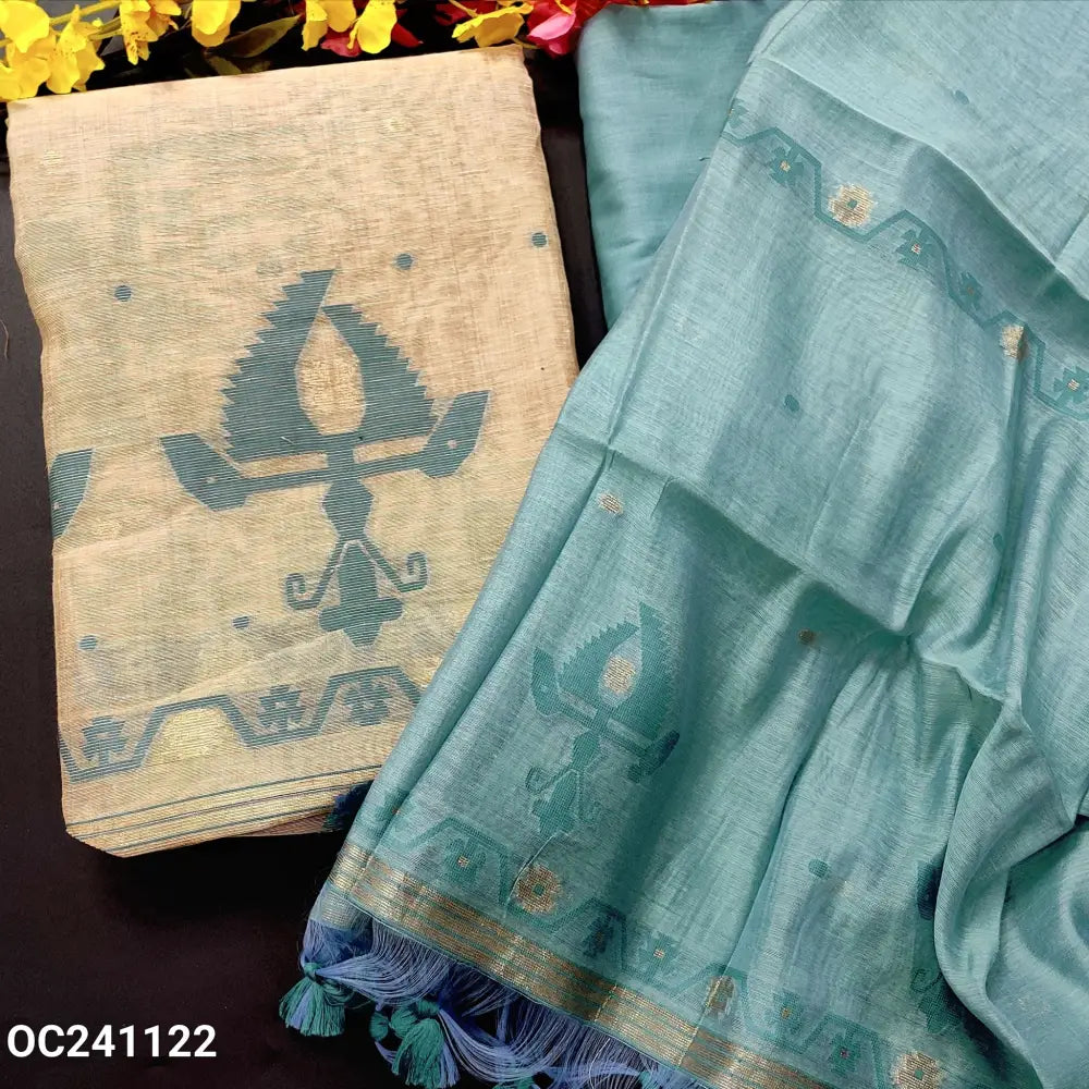 CODE OC241122: Beige jamdani woven slub silk cotton unstitched salwar material(thin fabric lining needed)dark bluish