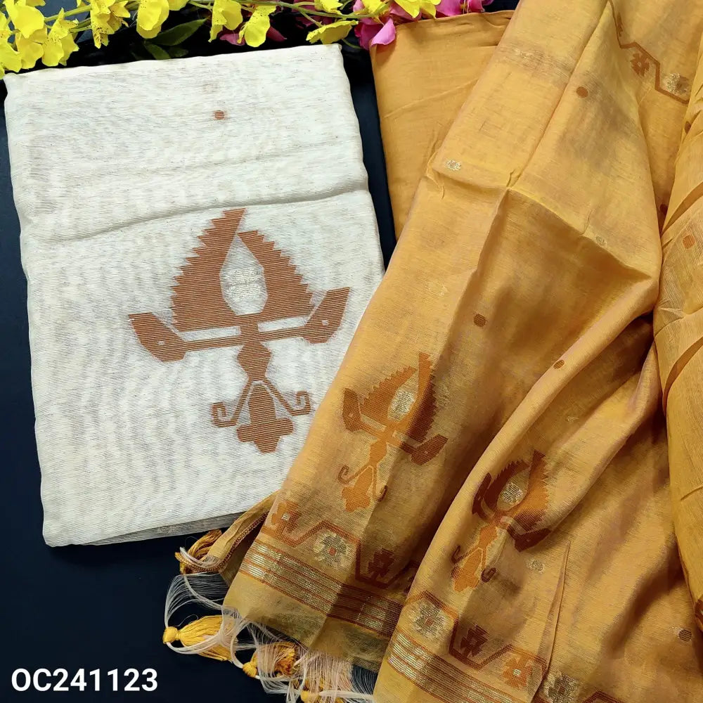 CODE OC241123: Beige jamdani woven slub silk cotton unstitched salwar material(thin fabric lining needed)light mehandhi