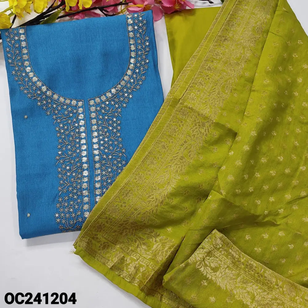 CODE OC241204: Bright turquoise blue with silver tint shimmer spun silk unstitched salwar material zari & sequins work