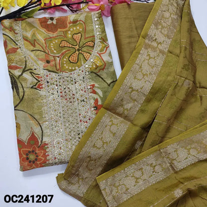 CODE OC241207: Mehandhi green with golden tint pure tissue organza silk unstitched salwar material thread zari sequins