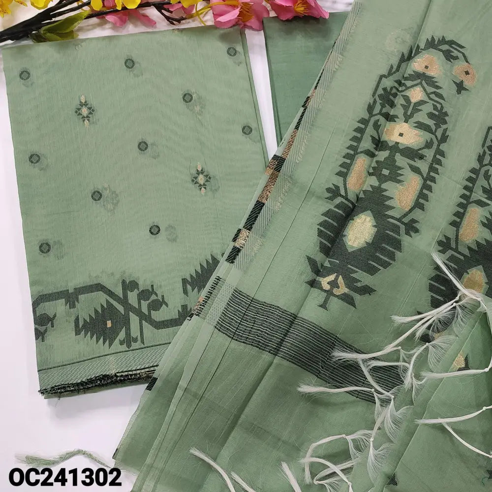 CODE OC241302: Pastel green jamdani woven silk cotton unstitched salwar material(thin fabric lining needed)matching