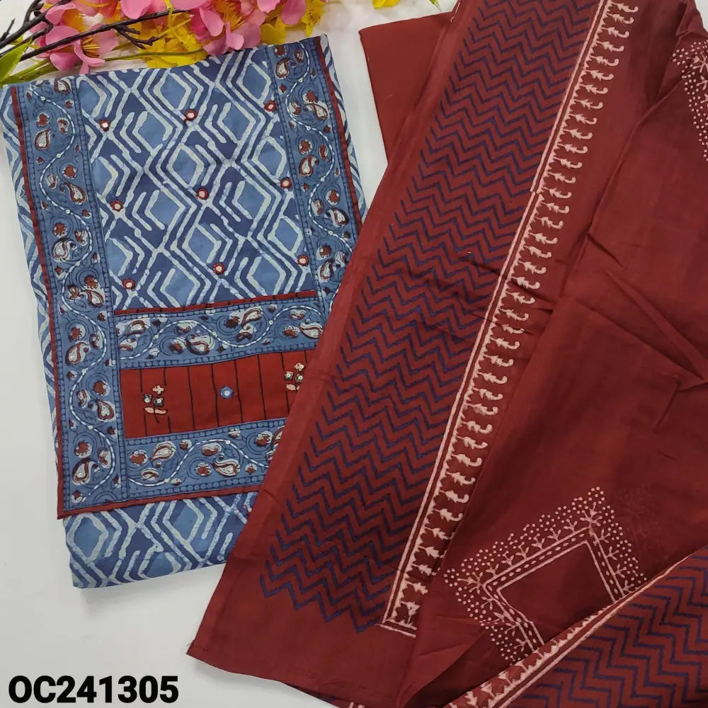 CODE OC241305: Indigo blue ajrak hand block printed pure cotton unstitched salwar material faux mirror work