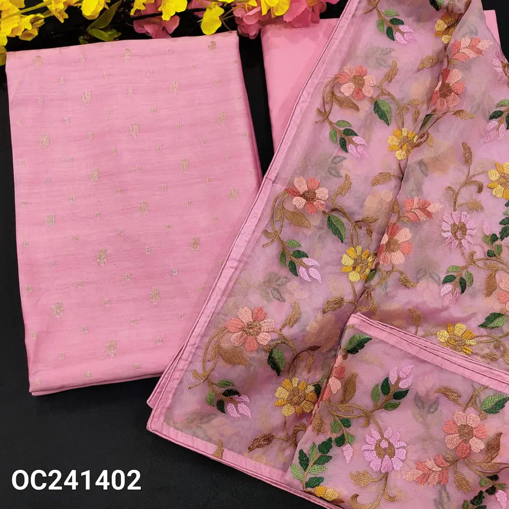 CODE OC241402: Light pink designer premium silk cotton unstitched salwar material zari woven design all over(thin