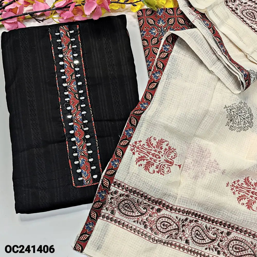 CODE OC241406: Black jakard cotton unstitched salwar material ajrak block printed yoke with real mirror work self woven