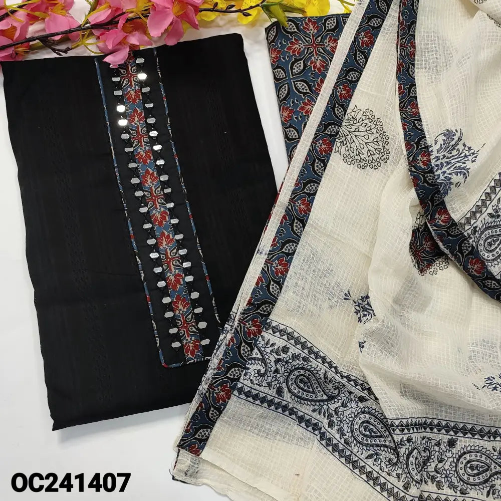 CODE OC241407: Black jakard cotton unstitched salwar material ajrak block printed yoke with real mirror work self woven