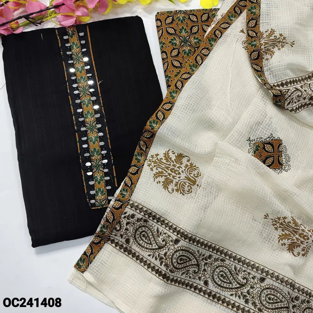 CODE OC241408: Black jakard cotton unstitched salwar material ajrak block printed yoke with real mirror work self woven