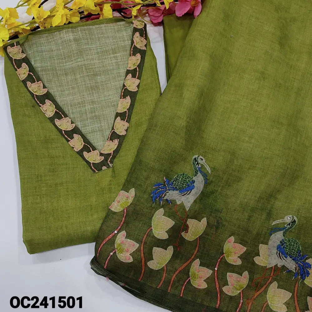CODE OC241501: Tender leaf green with golden tint designer premium tissue linen unstitched salwar material v neck