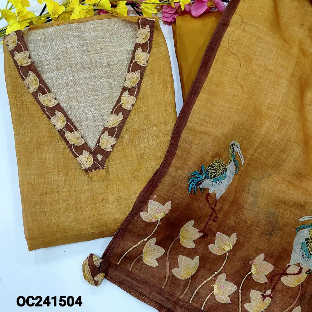 CODE OC241504: Bright mehandhi yellow with golden tint designer premium tissue linen unstitched salwar material v neck