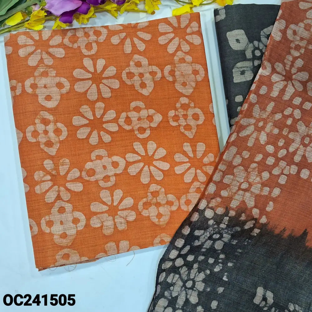 CODE OC241505: Orange original batik bagalpuri jute silk cotton unstitched salwar material(lining needed)pepper black