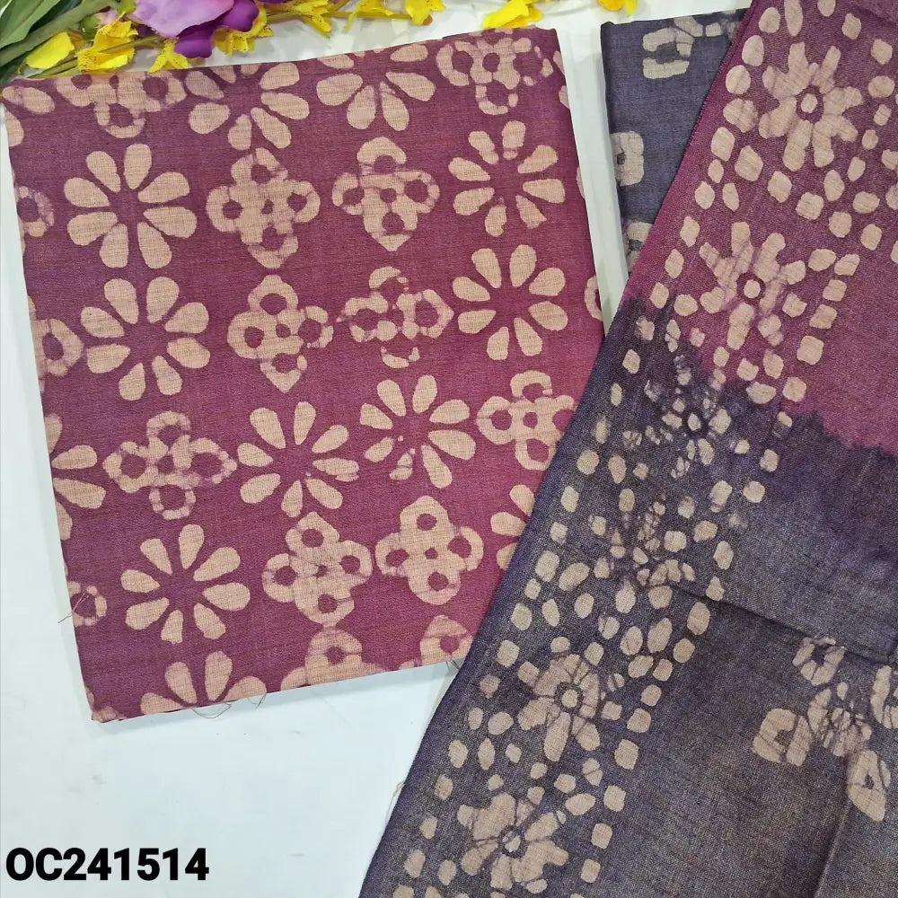 CODE OC241514: Purple original batik bagalpuri jute silk cotton unstitched salwar material(lining needed)blue batik