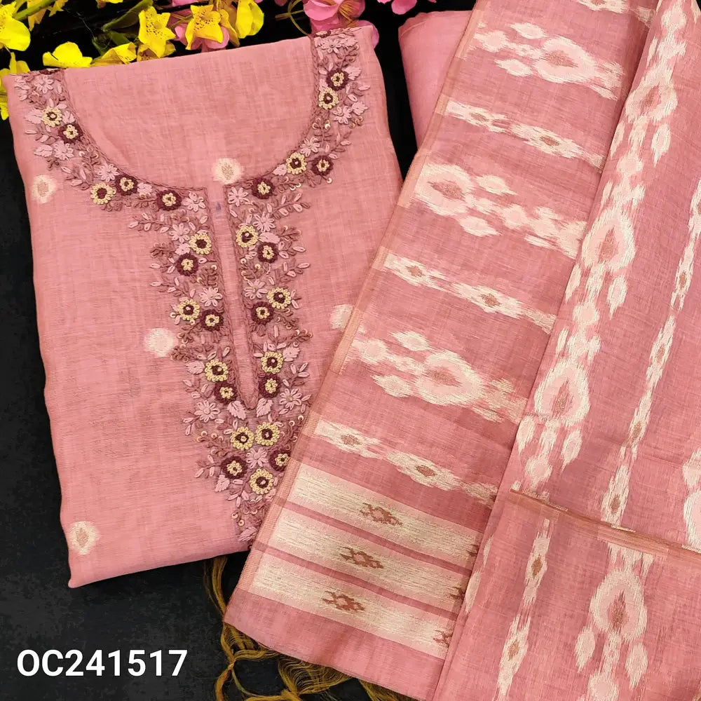 CODE OC241517: Pink jamdani woven premium silk cotton unstitched salwar material rich hand embroidered on yoke(thin