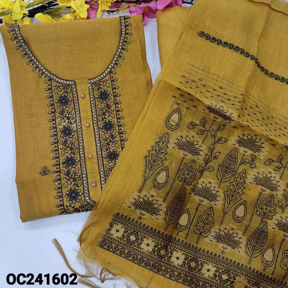 CODE OC241602: Mehandhi yellow jamdani woven premium silk cotton unstitched salwar material embroidered& fancy buttons