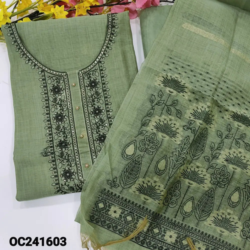 CODE OC241603: Sage green jamdani woven premium silk cotton unstitched salwar material embroidered& fancy buttons