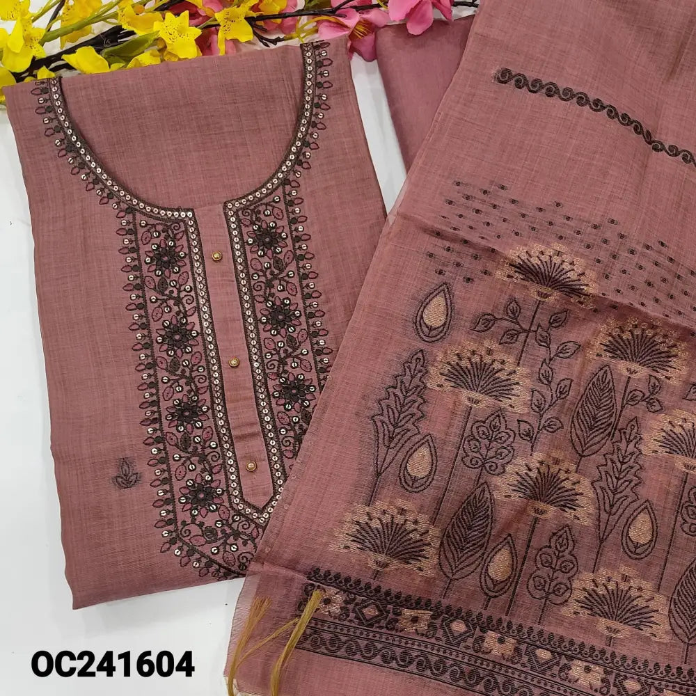 CODE OC241604: Dark onion pink jamdani woven premium silk cotton unstitched salwar material embroidered& fancy buttons