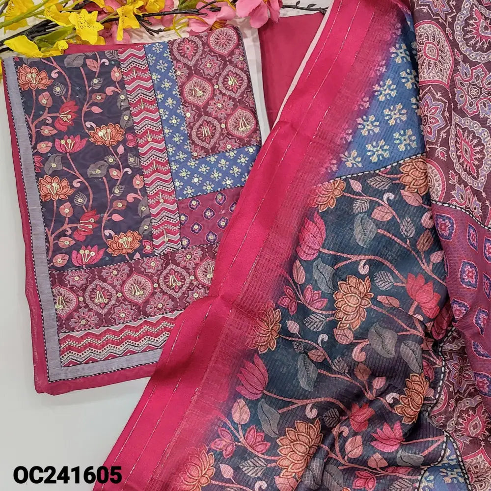 CODE OC241605: Bright pink digital printed silk cotton unstitched salwar material abstract printed with zardozi&