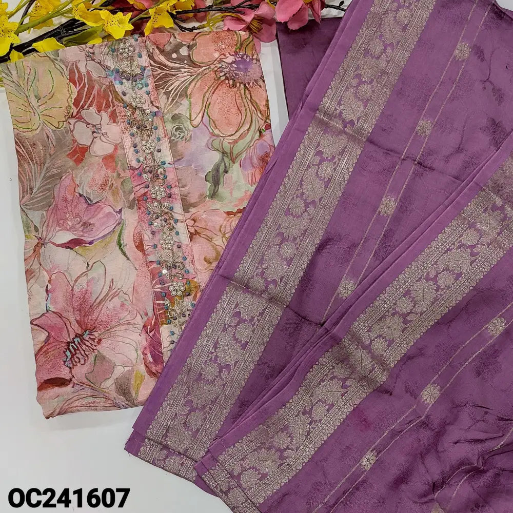 CODE OC241607: Pink designer floral printed pure maslin unstitched salwar material rich hand embroidered on yoke(lining