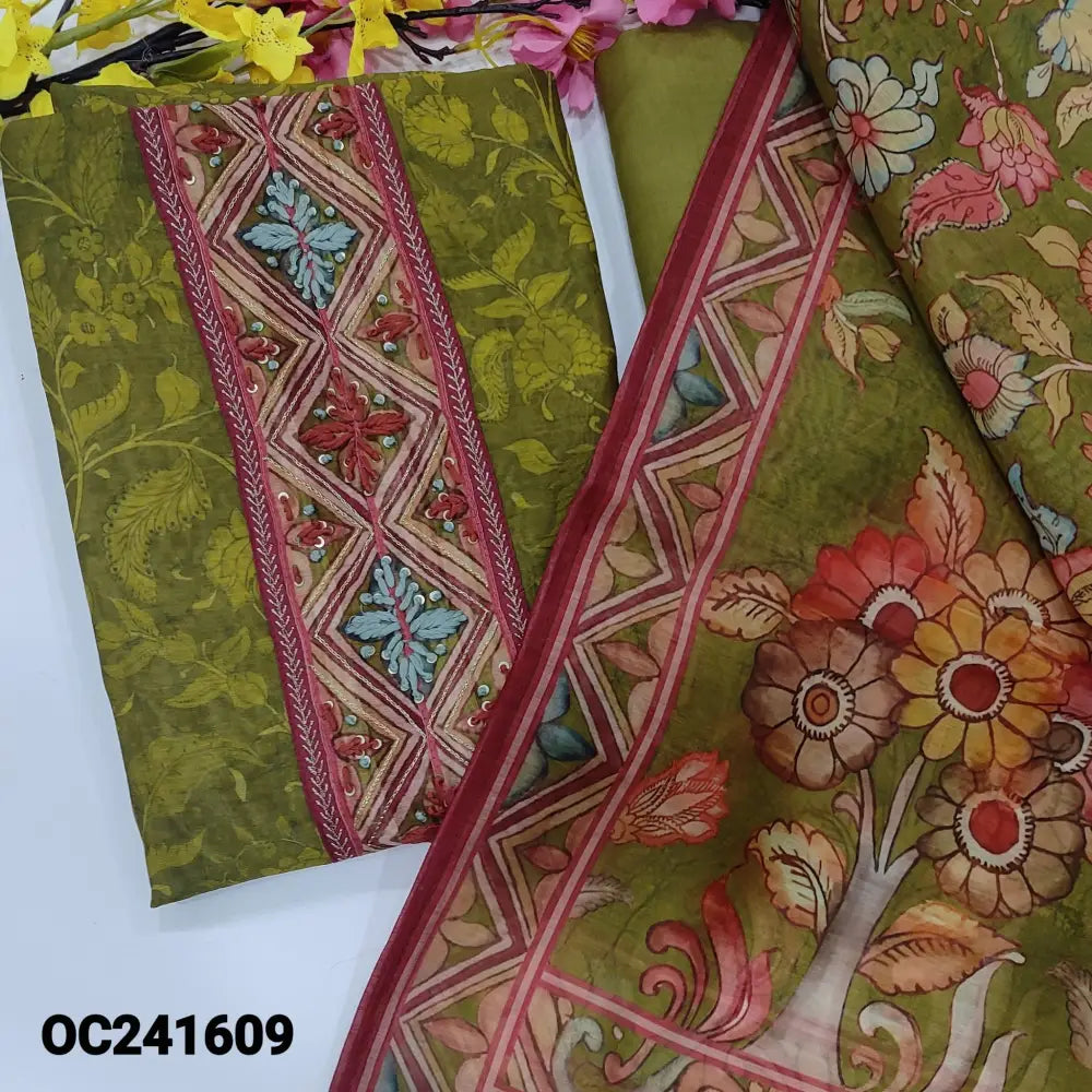 CODE OC241609: Dark olive green digital floral printed silk cotton unstitched salwar material hand embroidered