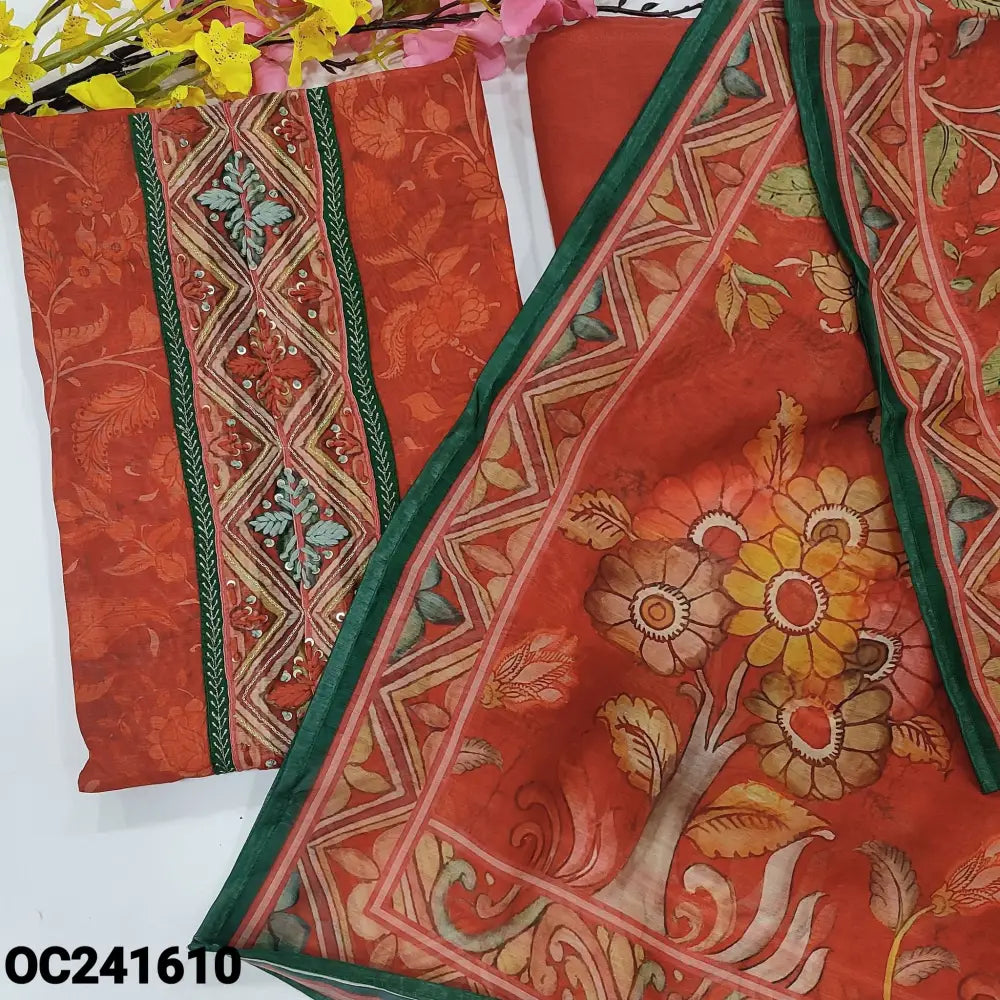 CODE OC241610: Brick red digital floral printed silk cotton unstitched salwar material hand embroidered on yoke(thin