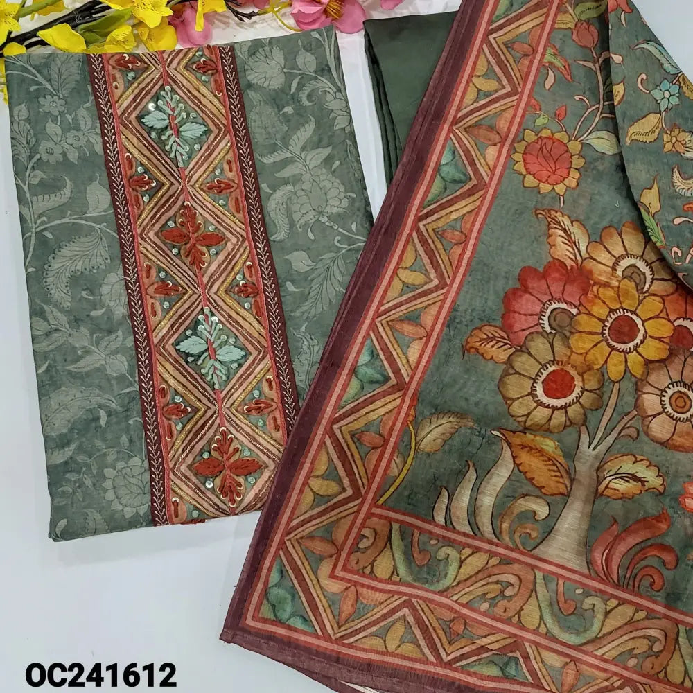 CODE OC241612: Dark grey digital floral printed silk cotton unstitched salwar material hand embroidered on yoke(thin