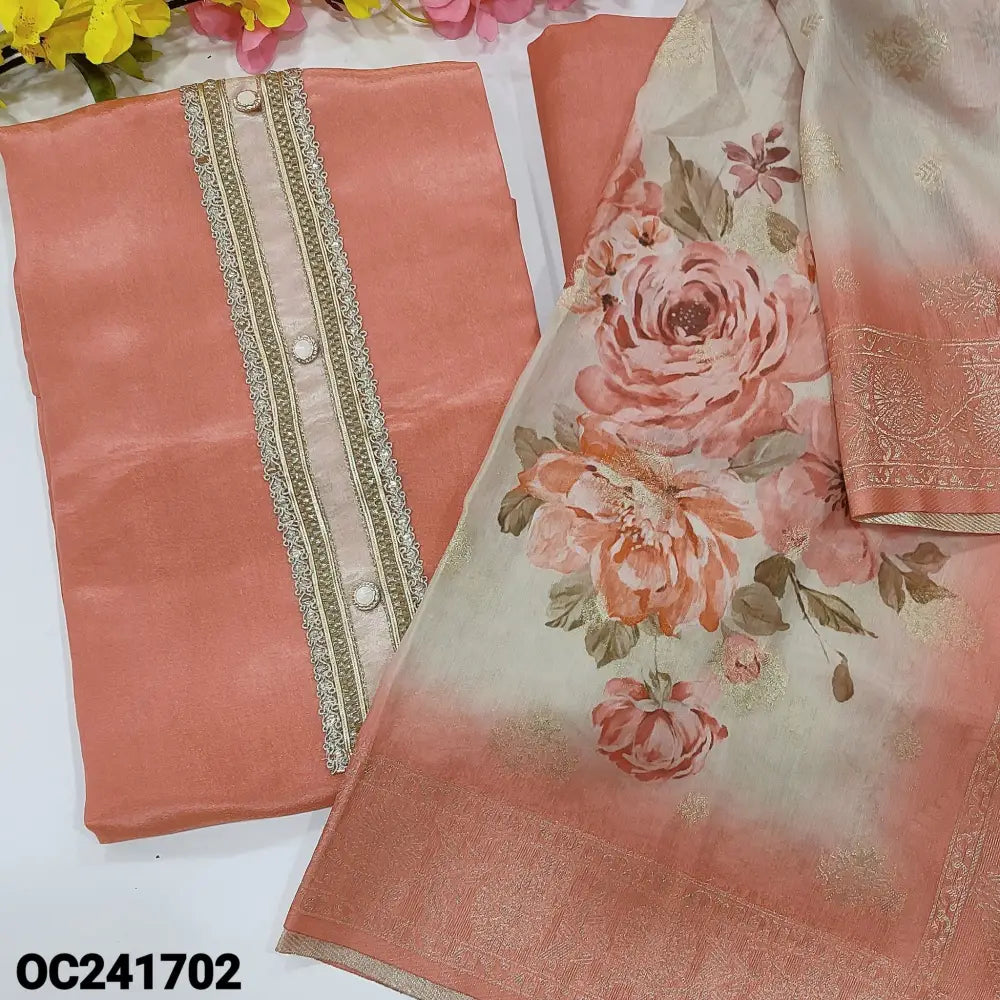CODE OC241702: Pink designer tissue organza unstitched salwar material fancy buttons on yoke(shiny fabric lining