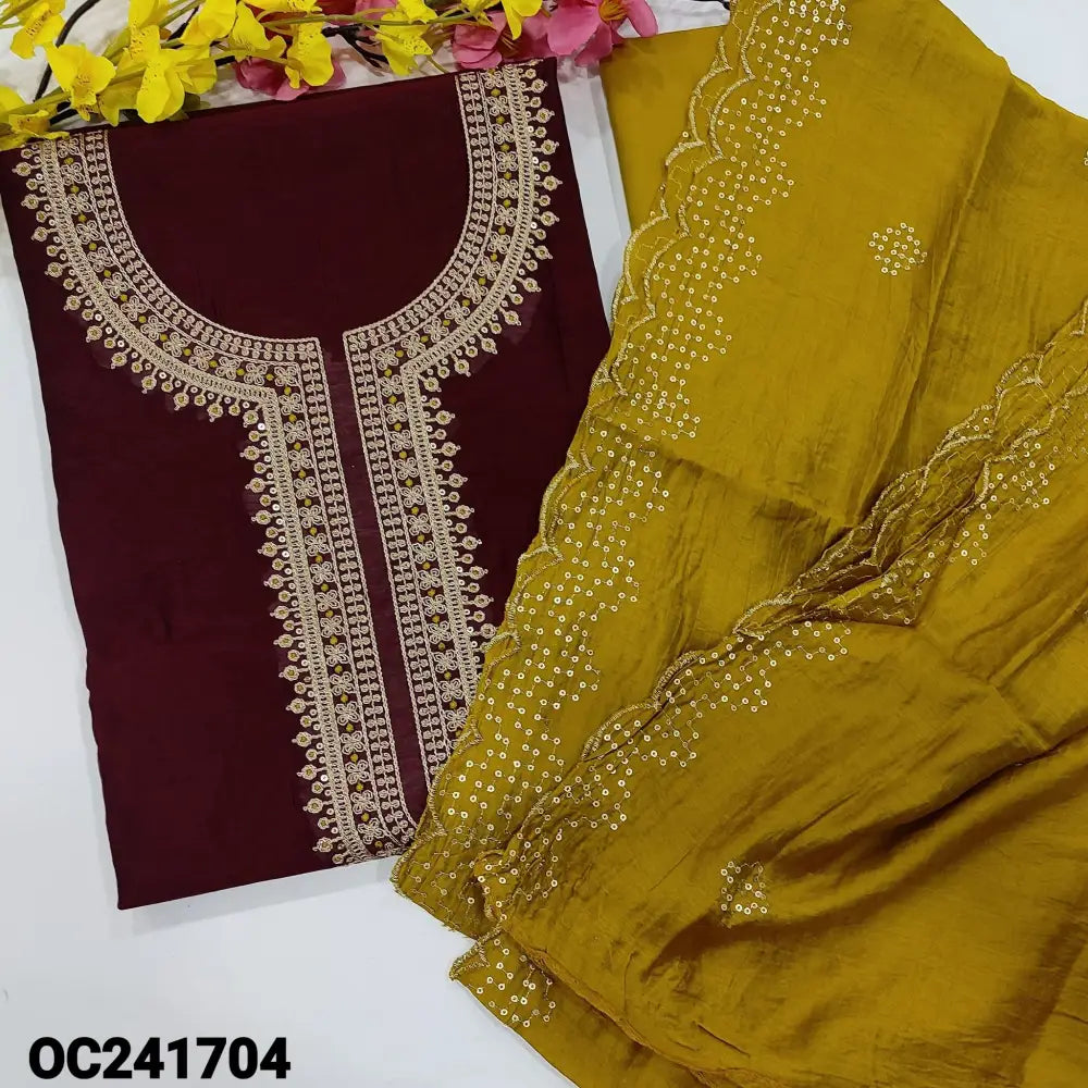 CODE OC241704: Dark maroon fancy silk unstitched salwar material rich zari& thread work on yoke(thin fabric lining