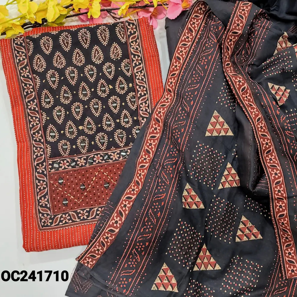 CODE OC241710: Red kantha cotton unstitched salwar material ajrak block printed yoke with real mirror work(lining