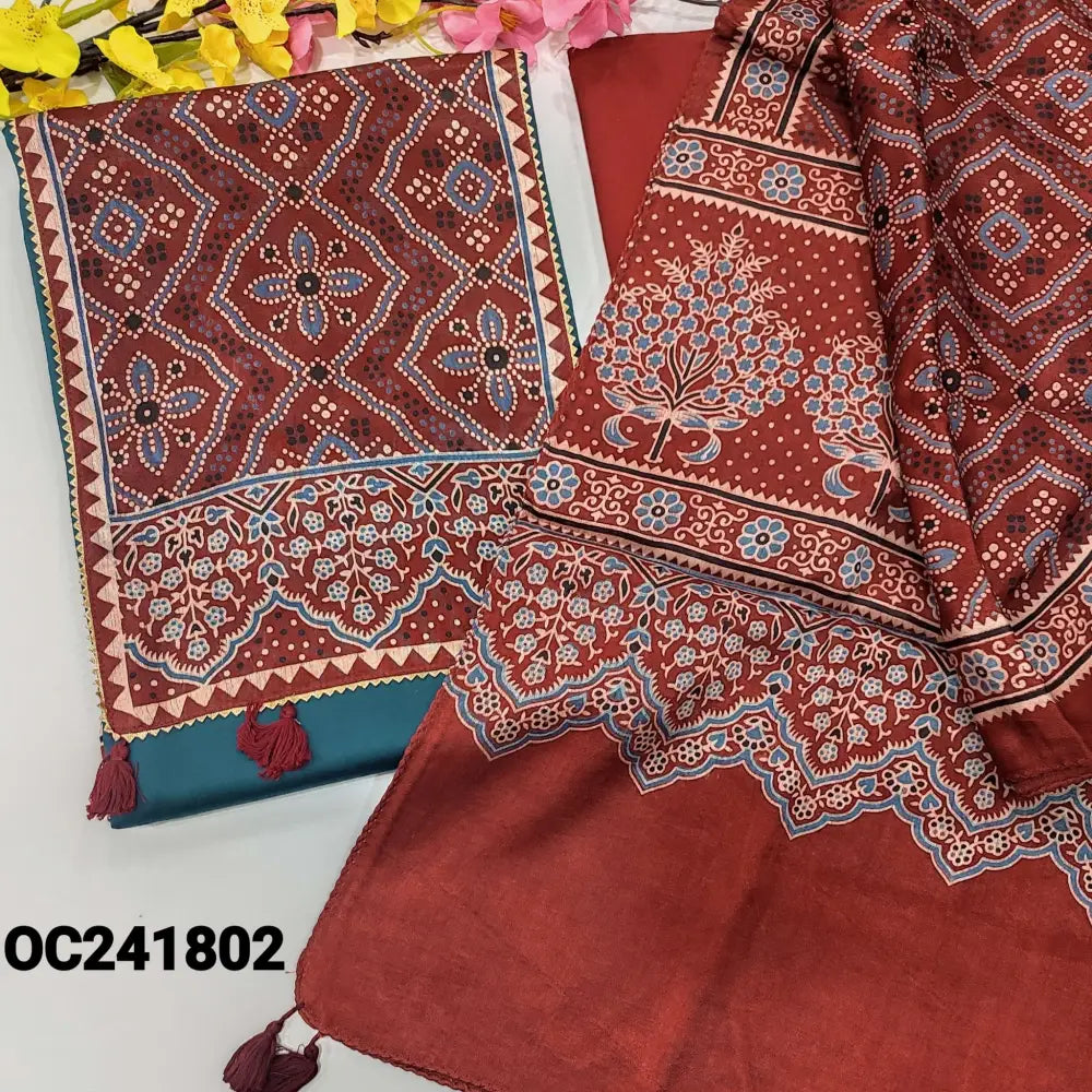 CODE OC241802: Dark teal blue premium satin cotton unstitched salwar material ajrak printed gajji silk yoke patch