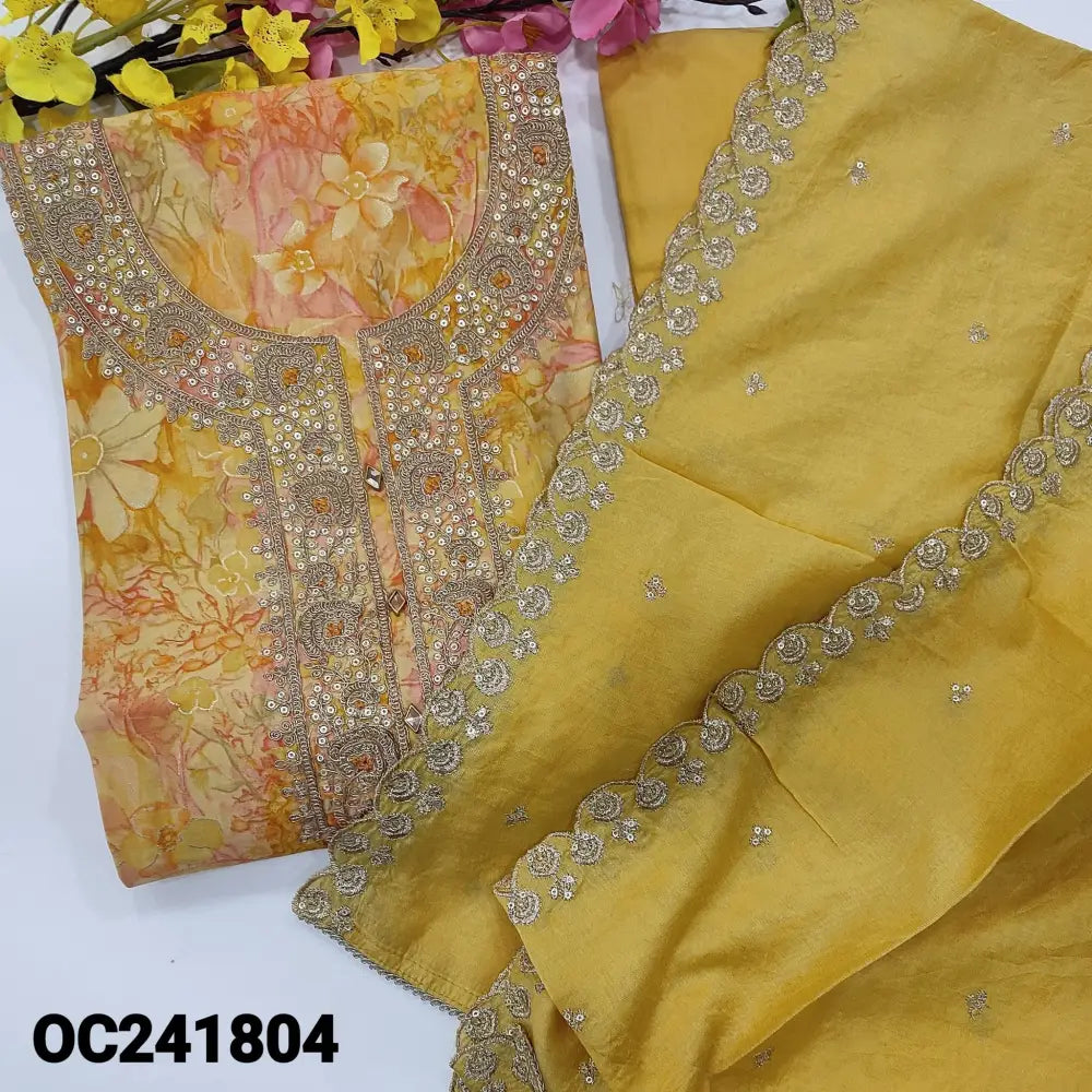 CODE OC241804: Yellow printed premium modal maslin unstitched salwar material zari sequins& fancy buttons on yoke(soft