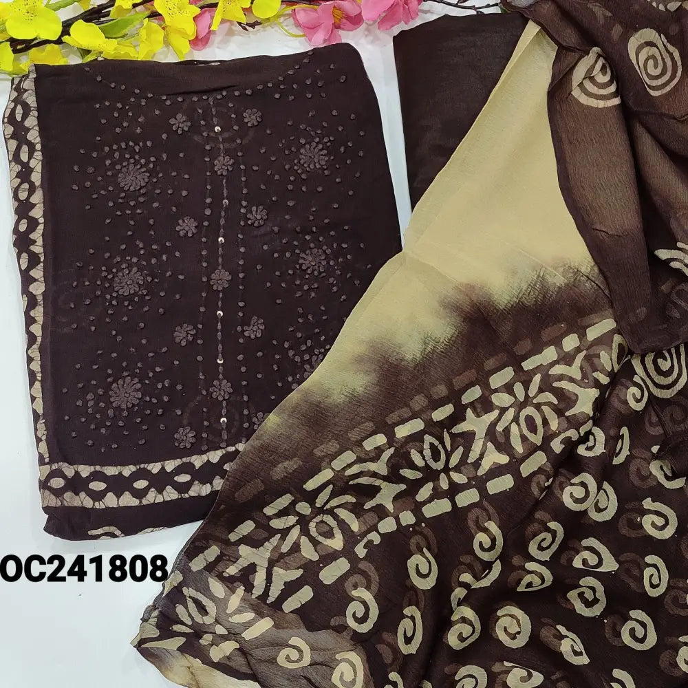 CODE OC241808: Dark brown original wax batik crepe georgette unstitched salwar material thread work on yoke(thin fabric
