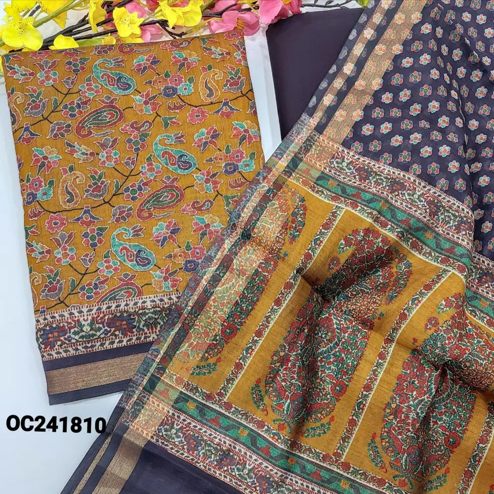 CODE OC241810: Light mehandhi yellow floral printed soft silk cotton unstitched salwar material(thin fabric lining