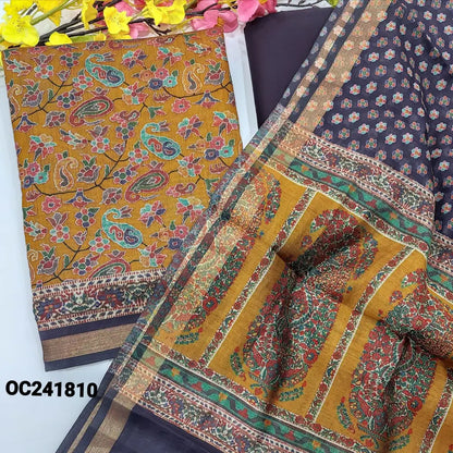 CODE OC241810: Light mehandhi yellow floral printed soft silk cotton unstitched salwar material(thin fabric lining