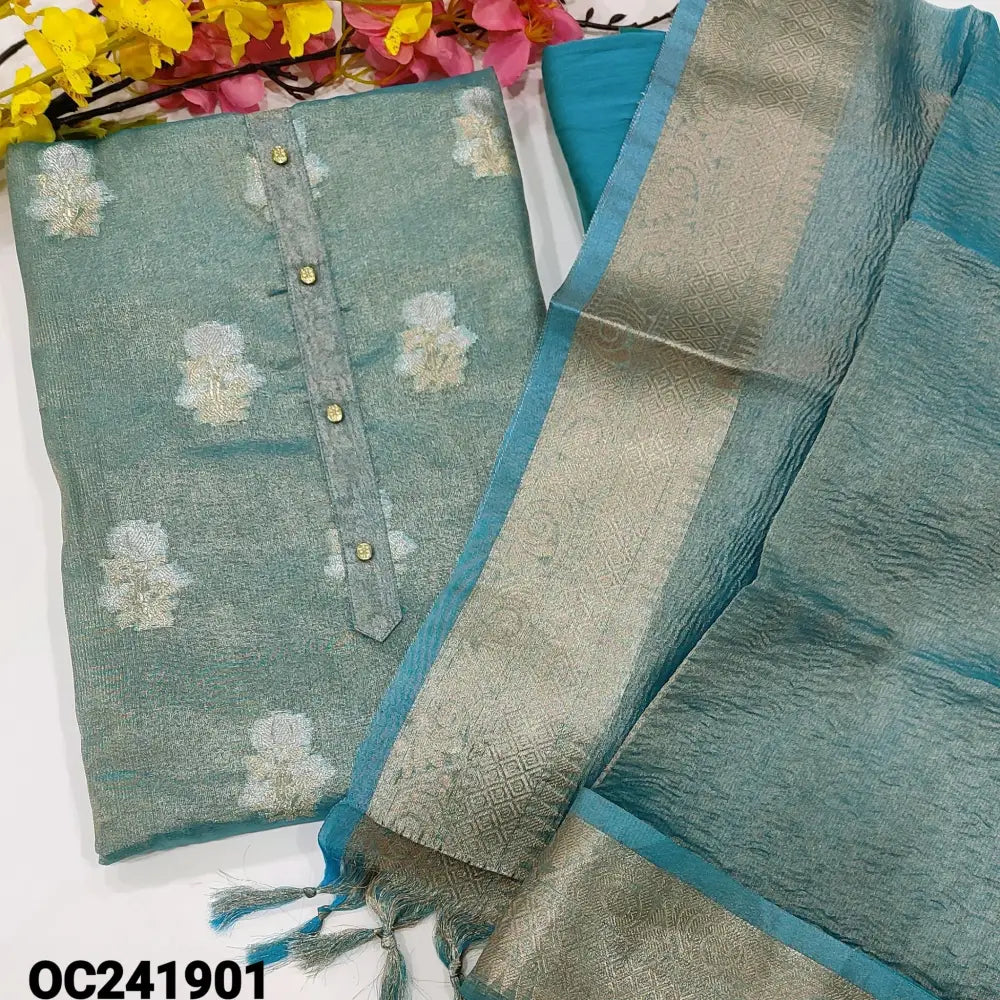 CODE OC241901: Blue with golden tint tissue silk cotton unstitched salwar material fancy buttons on yoke zari woven