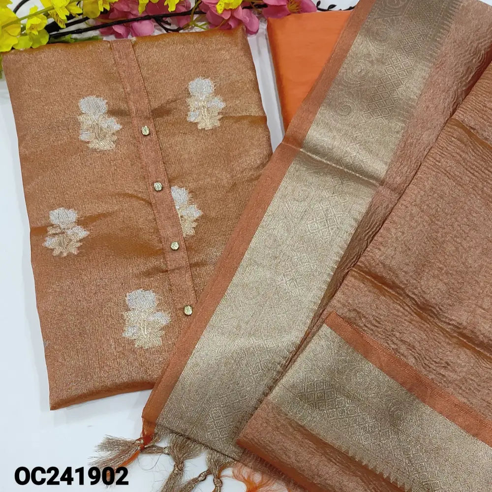 CODE OC241902: Peach with golden tint tissue silk cotton unstitched salwar material fancy buttons on yoke zari woven