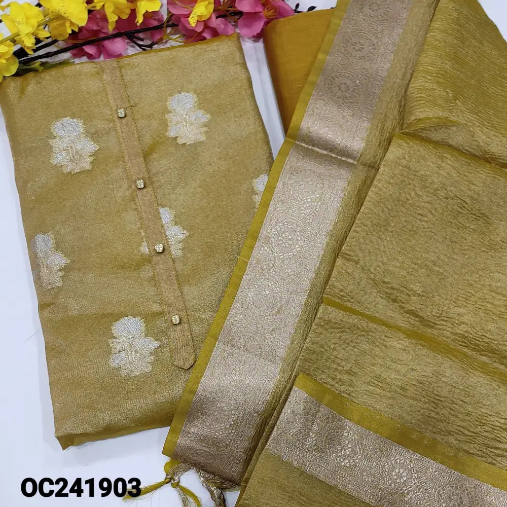 CODE OC241903: Mehandhi green with golden tint tissue silk cotton unstitched salwar material fancy buttons on yoke zari